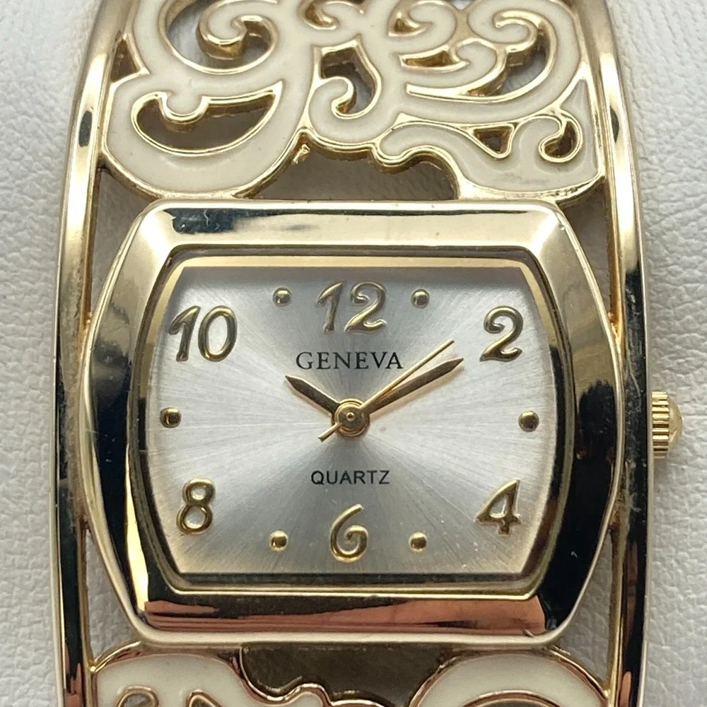 Geneva Women's Watch Gold Tone Cuff Scrollwork Enamel 30mm New Battery 6.5